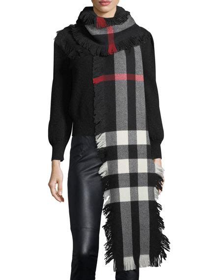 burberry half mega check fashion fringe wool scarf black|Burberry silk scarf.